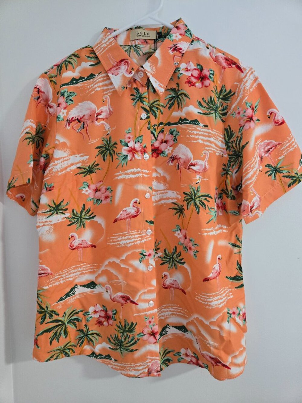 Women’s Hawaiian Shirt Size Large Flamingo Print Short Sleeve Button Down Beach